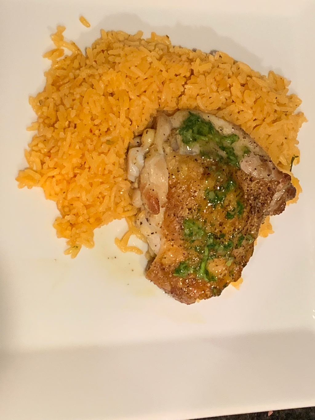 Cast Iron chicken thighs with a chimichurri sauce